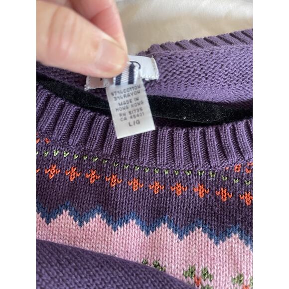 Izod Pink Purple 80s Style Three Quarter Sleeve Winter Fair Isle Cozy Sweater L - Picture 3 of 3